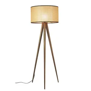 Rattan Shade Tripod Soild Walnut Wood Tripod Standing Lamp Wooden Floor Lamp