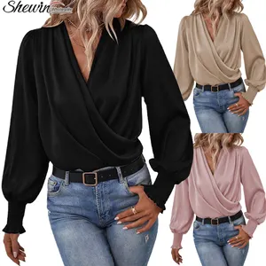 Wholesale Fashion Designer Knitted Chiffon Casual Ruffle Floral Printed Ladies Long Sleeve Elegant Women Blouse