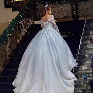 Off-Shoulder Lace Ball Gown Wedding Dress White Long Sleeves Embroidery Empire Waistline Full Train - Product Image 2