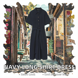 Turn Down Collar Button Up Short Sleeve Solid <b>Navy</b> Midi Shirt Dress With <b>Tie</b> Waist Casual Woven Cotton Dress For Women - Product Image 2