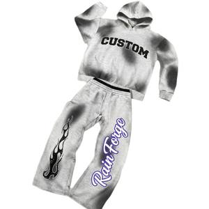 Custom Wholesale Heavyweight Cotton Fleece Streetwear Y2K Acid Wash <b>Spray</b> Dye Logo Print Mens Hoodie <b>Set</b> - Product Image 3
