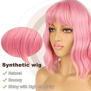 <span class=keywords><strong>Perruque</strong></span> Bob mi-longue rose pastel à lacets entièrement noués, avec frange, ondulée lâche, en fibre haute température, pour <span class=keywords><strong>femme</strong></span>, parfaite pour le cosplay et les costumes. - Product Image 3