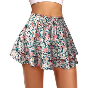 FOXA Minifalda floral escalonada para mujer con pantalones cortos, cintura elástica, falda de gasa con corte en A - Product Image 1
