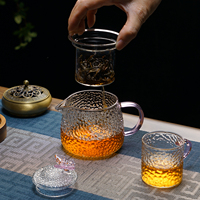 Service à thé en verre rétro à motif de marteau avec poignée colorée de théière en borosilicate de haute qualité et théière à couvercle