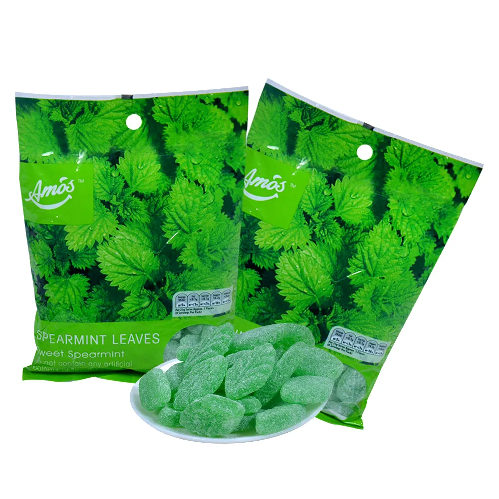 Groothandelsprijs Amos 200G Groene Verse Suiker Gecoate Zoete Groene Munt Bladeren Vormen Zacht Gummy Snoep In Zak