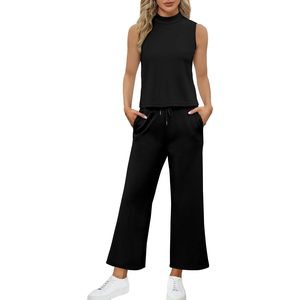 Women Two Piece Set Sleeveless Mock Neck <b>Top</b> Wide Leg <b>Crop</b> Pants Casual Summer Outfits Breathable Lounge Wear - Product Image 3