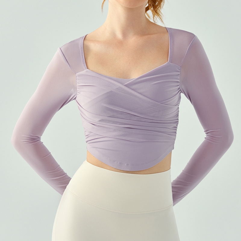 Women's Lightweight Long-Sleeved Yoga Top Quick-Drying Fitness T-Shirt Cross Pleated Design Chest Cushion Hollow Mesh Sports Top