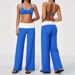 Conjunto Deportivo de 2 Piezas para Mujer, Top Corto con Tirantes y Pantalones Acampanados de Cintura Alta, Azul, Tejido Transpirable, Primavera Verano - Product Image 1