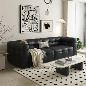 Marshmallow Genuine Leather Sofa Italian Modular 3 Seater Sofa Black Sofa For Living Room