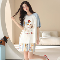 Setelan Piyama Wanita Musim Panas Katun Lengan Pendek Celana Pendek Motif Kartun Lucu Longgar Ukuran Besar Dua Potong Baju Tidur Santai