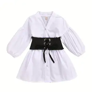 1346 Toddler Kids Girls Shirt Baby Girls Clothing White Long Puff Sleeve Shirt With Sashes Belt Girls Long Shirt Dress Tops