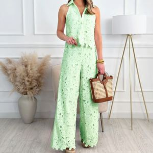 Summer French Heavy Embroidery Hollow V-neck Vest Top Wide-leg Straight <b>Pants</b> Women's 2-piece Set Fashion - Product Image 5