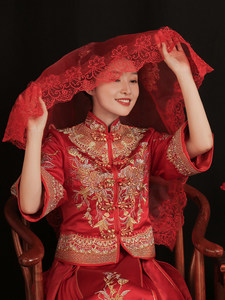 Hiyab Rojo para Novia, Velo Translúcido con Apliques para Boda, Vestido Xiuhe, Pañuelo para la Cabeza para Boda China, Ceremonia, Hecho en China - Product Image 2