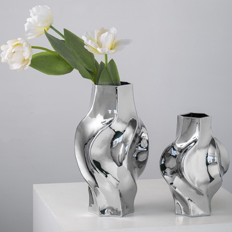 Modern and simple living room table flower decoration decoration silver plating ceramic vase