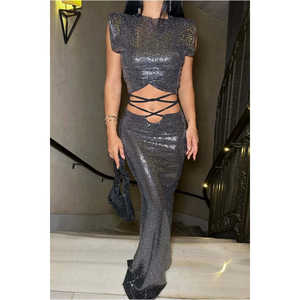 Robe de soirée noire en crochet à sequins, taille empire, coupe trapèze, ornée de strass, courte, grande taille, pour banquets et bals de promo - Product Image 3