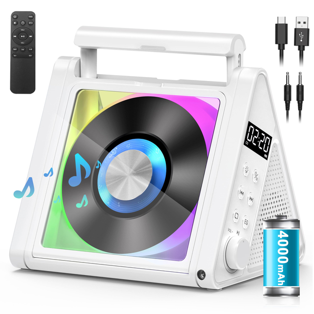 Bluetooth Transmitter CD Player 4000mAh Rechargeable All in One Function RGB Light LED Display Remote