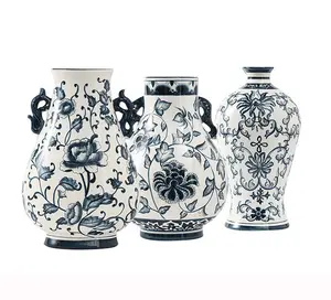 Fabriek Groothandel Woonaccessoires Ornamenten Handgeschilderde Blauwe En Witte Binaurale Keramische Vaas Gember Potten China Decor