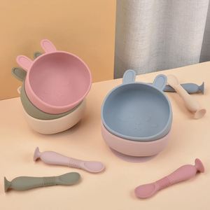 Cartoon Rabbit Silicone Feeding Bowl Set Non-Slip BPA Free Custom <b>Kids</b> <b>Dining</b> Product for Toddler Training Baby Food Grade - Product Image 3