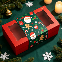 Boîte de Noël mignonne avec couvercle et base, fenêtre transparente, ceinture de Père Noël verte, en carton pour emballer des bonbons, des biscuits et des cadeaux de Noël