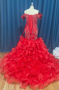 Robe de <span class=keywords><strong>mariée</strong></span> sirène africaine rouge perlée 2026, <span class=keywords><strong>grande</strong></span> <span class=keywords><strong>taille</strong></span>, épaules dénudées, avec traîne à volants superposés, pour soirée et cérémonie - Product Image 3