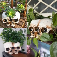 Pot Bunga Sukulen Bentuk Kepala Gotik dari Resin, Pot Bunga Tulang untuk Dekorasi Taman dan Rumah di Halloween, Ornamen Meja Dalam Ruangan