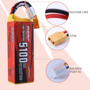 SUNPADOW 4S Lipo Battery 14.8V 5100mAh 70C Soft Pack With XT90 Plug For RC Airplane Quadcopter Helicopter Drone FPV Racing Hobby