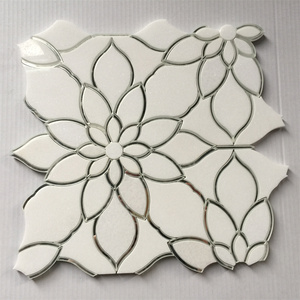 Mosaïque <span class=keywords><strong>de</strong></span> marbre Thassos blanc mélangé à du verre miroir argenté, motif <span class=keywords><strong>de</strong></span> champ <span class=keywords><strong>de</strong></span> marguerites, pour mur décoratif - Product Image 1