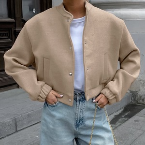Blouson bomber beige à col montant, bouton unique, coupe ample, style <span class=keywords><strong>oversize</strong></span>, veste courte décontractée streetwear pour <span class=keywords><strong>femme</strong></span> - Product Image 2