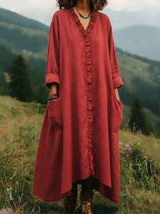 Vestido de mujer de algodón de color liso, holgado, a la moda, para primavera y verano 2026, estilo europeo y americano, con orejeras. - Product Image 6