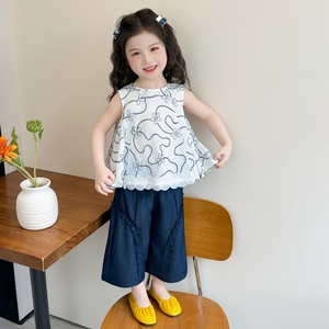 ชุดเสื้อกั๊กปักลายฤดูร้อนสำหรับเด็กผู้หญิง กางเกงขายาวทรงกว้าง ชุดสองชิ้น แฟชั่นลำลองสำหรับเด็กผู้หญิงตัวเล็ก - Product Image 1