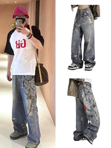 Vaqueros Rectos Holgados Distintivos de High Street para <span class=keywords><strong>Hombre</strong></span>, Estilo Vintage, Corte Real, Impresión Digital, Denim Oscuro, Populares en Primavera - Product Image 4