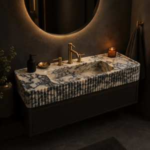 Lavabo de Mármol Viola Pulido y Acanalado, Fácil de Limpiar, de Piedra Natural, con un Solo Orificio, para Baño - Product Image 3
