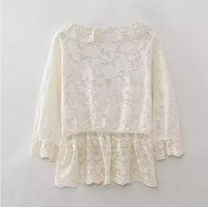 Cárdigan <span class=keywords><strong>de</strong></span> encaje blanco <span class=keywords><strong>para</strong></span> mujer con ribete <span class=keywords><strong>de</strong></span> volantes, blusa <span class=keywords><strong>de</strong></span> punto floral elegante con frente abierto y manga larga - Product Image 2