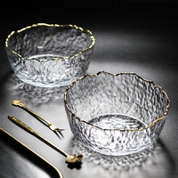 Vente en gros Nouveau saladier en verre multifonctionnel avec bord doré Ensemble de 3 bols en verre à motif martelé