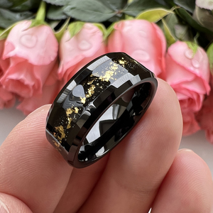 <span class=keywords><strong>Anelli</strong></span> di tungsteno <span class=keywords><strong>neri</strong></span> da 8mm per gli uomini da donna frammenti di lamina d'oro intarsio di fidanzamento fede nuziale smussata bordi lucidati Comfort Fit - Product Image 5