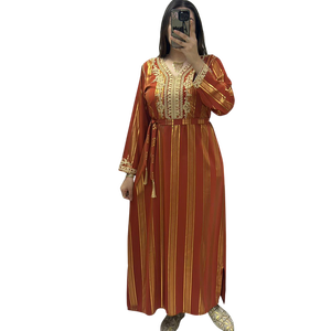 Women's <b>Plus</b> <b>Size</b> <b>KAFTAN</b> V Neck Long Sleeve Embroidered Striped Modest Loose Fit Middle East Style Daily Wear Dress - Product Image 1