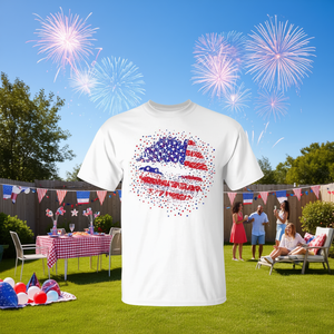 Camiseta Premium para Mujer con Gráfico de Labios Besándose con la Bandera Americana, Inspirada en el 4 de Julio, Elegante y Divertida - Product Image 3
