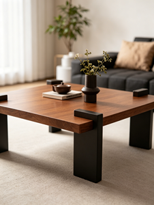 Mesa de Centro de Madera Maciza de Dos Tonos, Estilo Minimalista Wabi Sabi, con Patas Gruesas, para Sala de Estar - Product Image 4