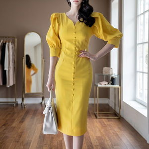 Ver Imagen Más Grande Añadir a la Comparación Compartir Vestido de Noche Casual de Encaje para Mujer, Largo hasta la Rodilla, con Lentejuelas, de Lujo, para Fiesta de Graduación, con Puntos, 100% Lino, Estilo Puff - Product Image 3