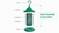 Mangeoire à oiseaux suspendue en métal vertigrine antique avec dôme central, tube à graines en maille, plateau de récupération des graines au bas et crochet de suspension, résistante à la rouille