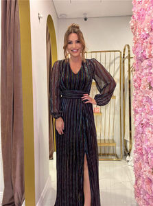 Su misura Oem di alta qualità signore collo a V <span class=keywords><strong>maniche</strong></span> <span class=keywords><strong>lunghe</strong></span> pieghettato maglia glitterata Maxi abito lungo per le donne - Product Image 3