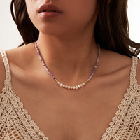 Collier ras du cou en argent sterling 925 avec perles violettes, perle d'eau douce, plaqué or, rétro, réglable, bijoux pour femmes