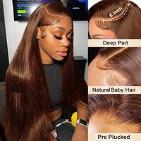 Perruque à cordon de serrage brun rougeâtre 9x6 HD, Lace Frontal, Cheveux Humains Indiens Bruts, Perruques Sans Colle, Perruques Lace Front en Cheveux Humains pour Femmes Noires