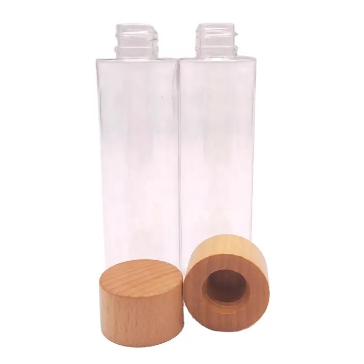 New design cosmetic wooden cap special PET bottle with seal