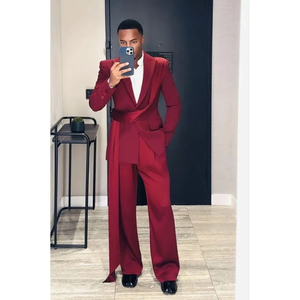 ชุดสูทเบอร์กันดีสำหรับผู้ชาย 2 ชิ้น ทรงหลวม ปกแหลม กระดุมแถวเดียว พร้อมเข็มขัดยาว สำหรับงานเลี้ยง งานพิธีการ ชุดสูทผู้ชายสั่งตัดพิเศษ เสื้อแจ็คเก็ต+กางเกง - Product Image 3