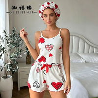 Ensemble pyjama grande taille P588 imprimé cœurs bonbons pour femme, caraco côtelé et short avec bonnet de douche, vêtements d'intérieur et de nuit