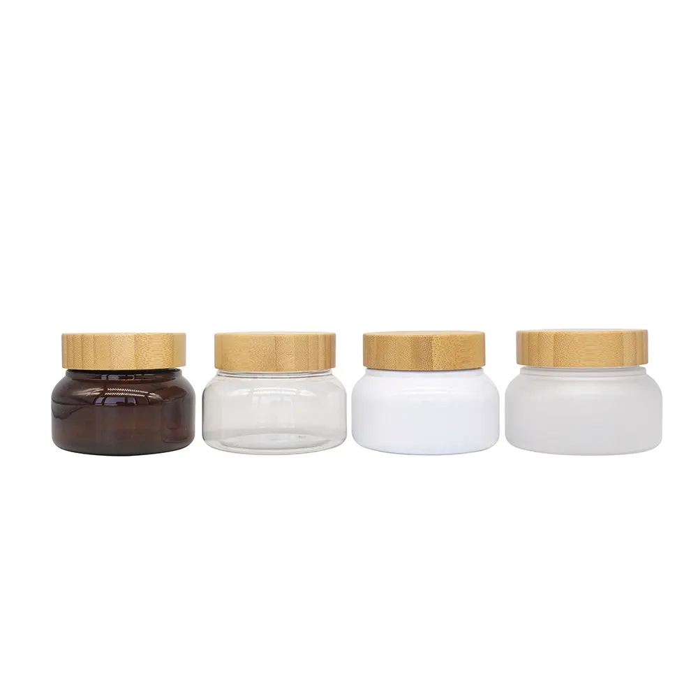150G 250G Clear Frost Clear Amber Wit Zwart Luxe Lege Bamboe Gezicht Oog Haar Zalfpotje Plastic Cosmetische potten Met Deksel