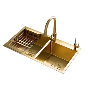 Grifo Mezclador de Cocina Moderno de Doble Toma, Dorado, de Montaje Inferior, Extraíble, con Acabado Nano de Acero Inoxidable, Forma Cuadrada, Juego de Fregadero de Dos Orificios - Product Image 1