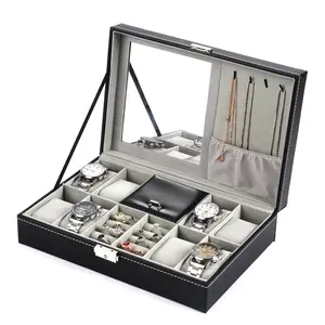 Особенная коробка для часов 8 + 2 слота, черная коробка для часов из искусственной кожи, шкатулка для ювелирных изделий с зеркалом и бархатным мешочком