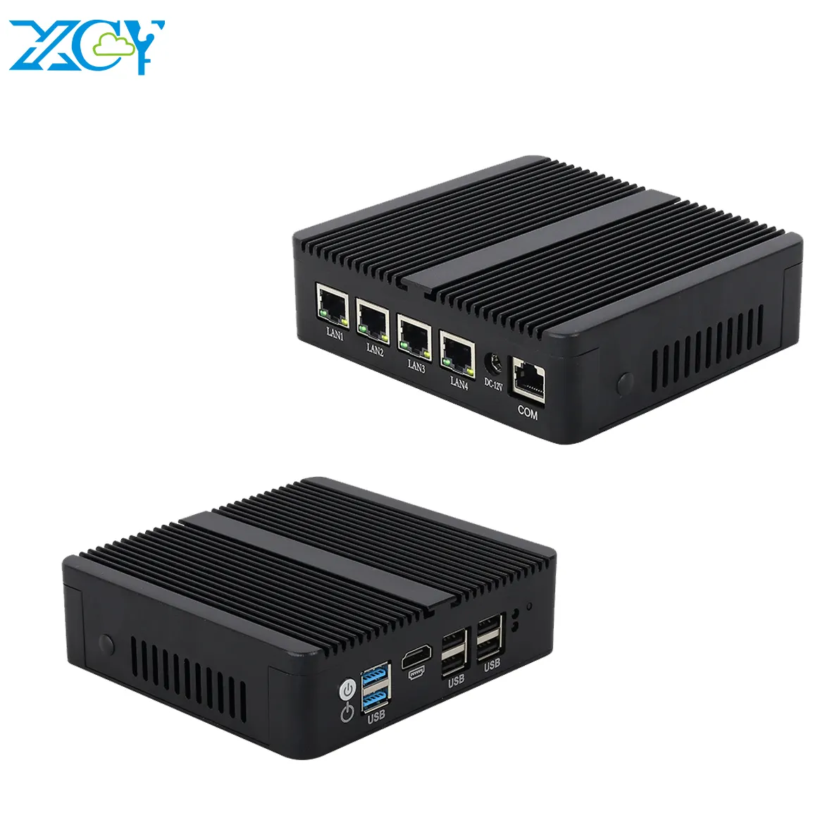 XCY mini pc tanpa kipas J4125 Quad Core processor 6 USB 4 LAN barebone SIM komputer Slot mendukung modul 4G